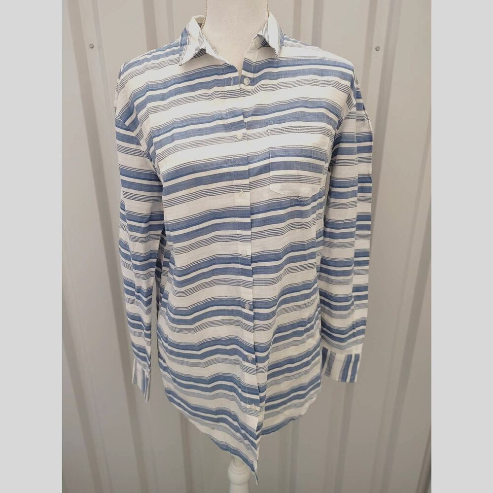 A New Day Button Up Striped Gingham Chambray Cotton Top Medium
